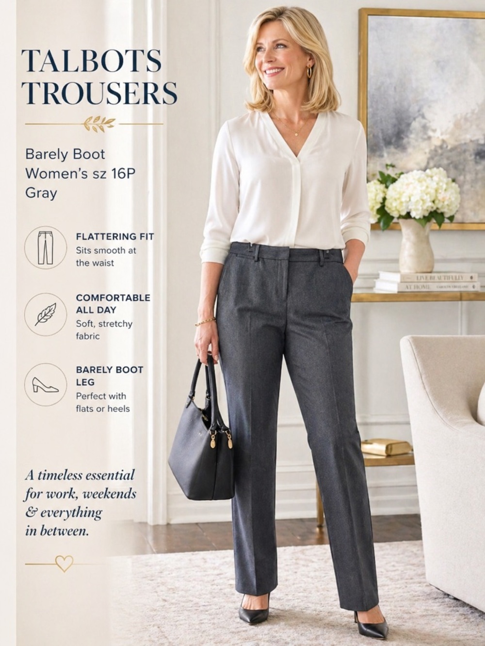 Talbots Trousers Pants Barely Boot 16P gray pockets business casual office basic